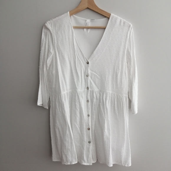 Seraphine Maternity Confetti Fleck White Woven Drop Waist Blouse Button Front 6 - Picture 3 of 16